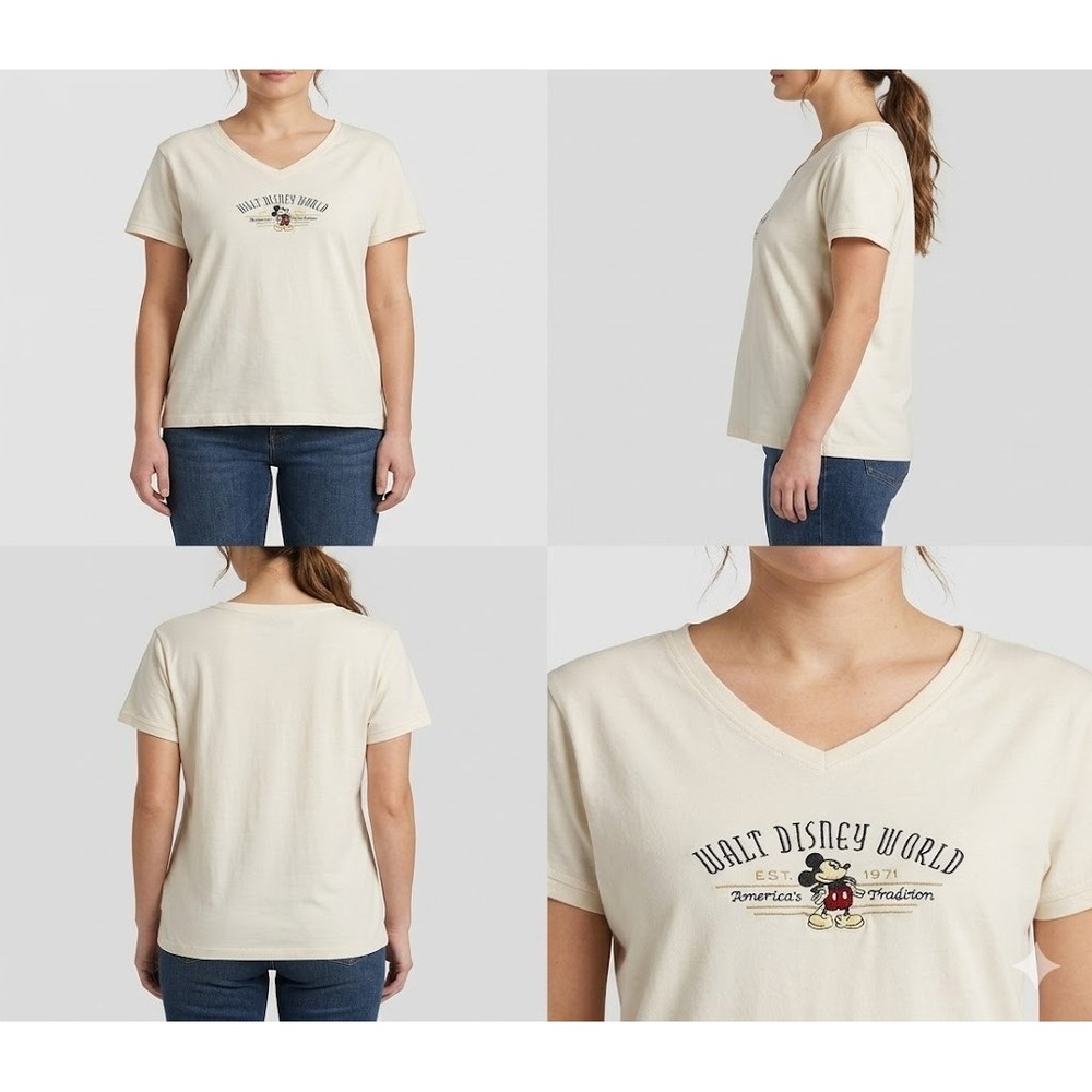 Vintage Walt Disney World V-Neck Tee Womens L Cream Mickey Mouse Graphic Logo